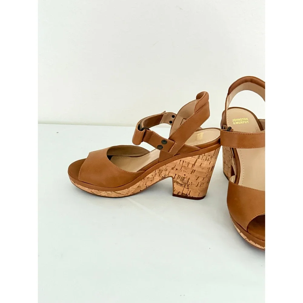 Johnston & Murphy Wedge Sandals Sz 7 Tan Leather Cork Platform Peep Toe Boho